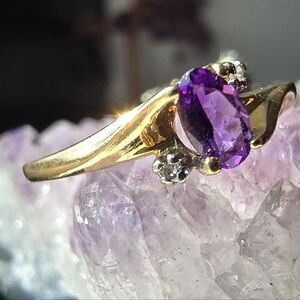Vintage Amethyst And Diamonds In 10k Gold Ring Size 6